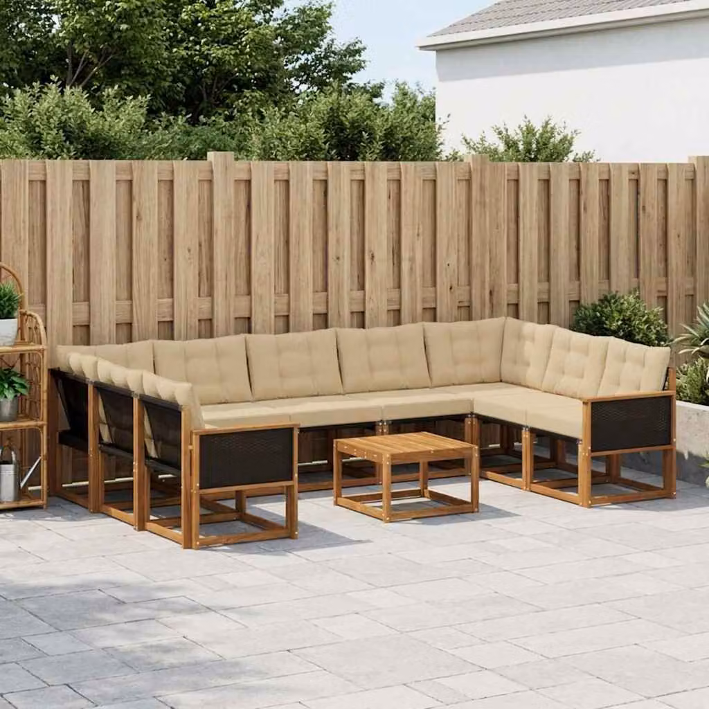 Set di divani da esterno vidaXL in legno di acacia con tavolino da caffè e cuscini, beige e marrone