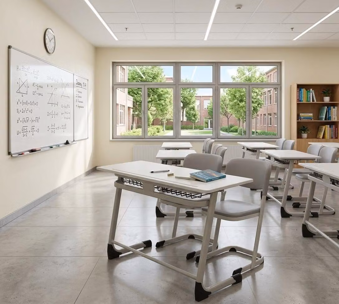 Set scolastico moderno ed ergonomico: tavolo da scuola grigio e sedia a due posti