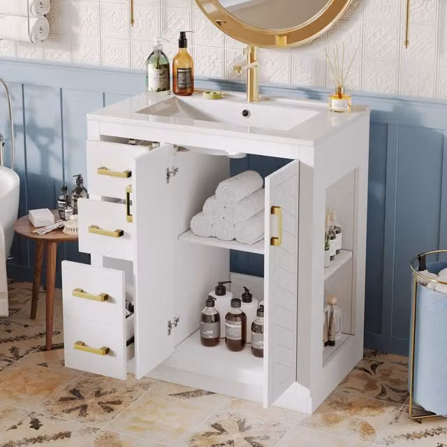 Mobile sottolavabo con lavabo in ceramica, 3 cassetti, 2 ante e 2 ripiani laterali, bianco, 76,5 × 46,5 × 84,5 cm