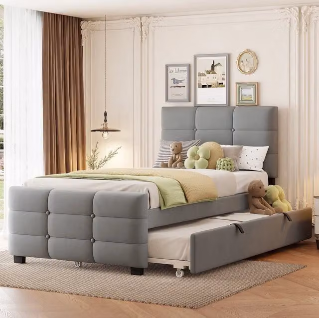 Letto imbottito 90 x 190 cm con letto estraibile; velluto grigio