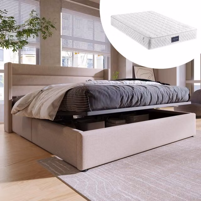 Letto contenitore imbottito con rete a doghe e materasso 160x200 cm, rivestimento in lino beige