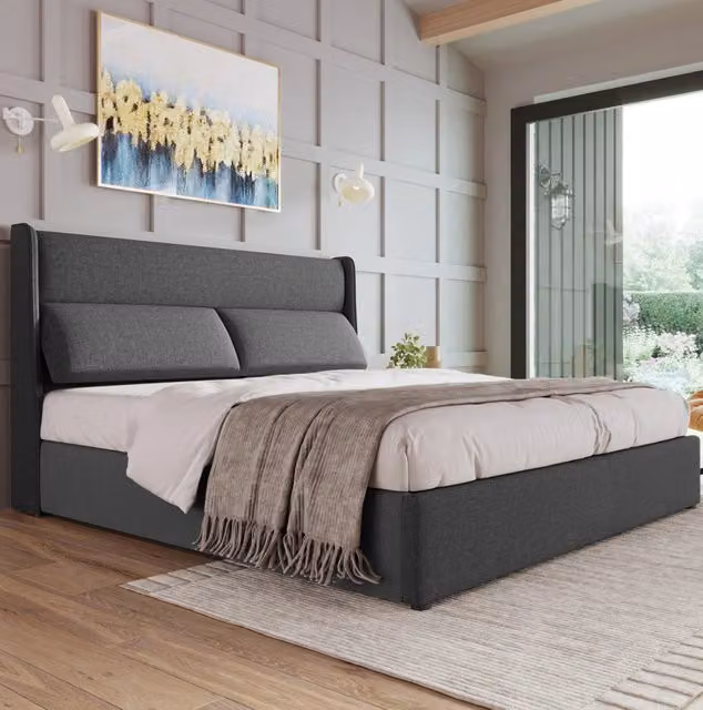 Letto matrimoniale imbottito 140x200 cm con testiere regolabili, struttura idraulica con contenitore, lino grigio con rete a doghe in metallo (senza materasso)