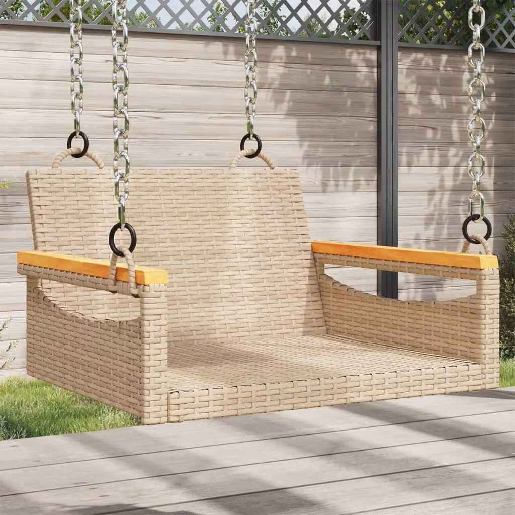 Panchina a dondolo vidaXL in polyrattan beige con struttura in metallo e legno di acacia oliato, L 63 cm x P 62 cm x H 37 cm