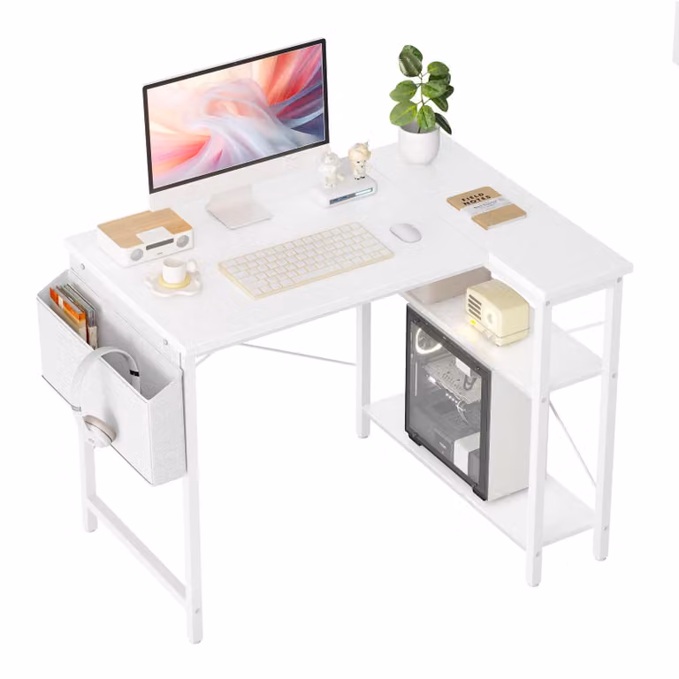 Scrivania a forma di L, dimensioni 100x70 cm, scrivania angolare reversibile per computer, con scomparti portaoggetti, ideale per l'ufficio, colore bianco