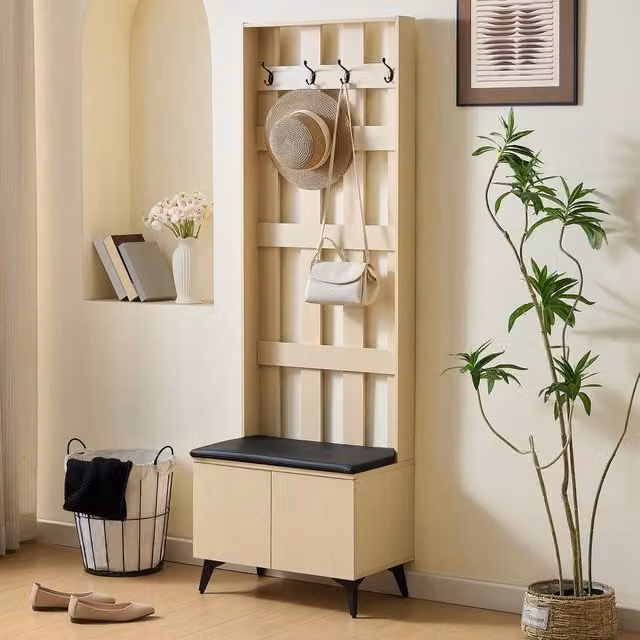 Set ingresso Minimal con panca, scarpiera e appendiabiti con 4 ganci, design moderno in MDF e metallo nero opaco, L: 179.5 cm, P: 35 cm, H: 80 cm