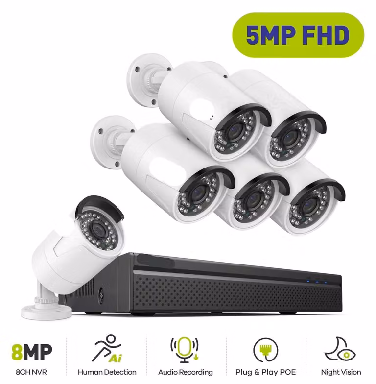 Sistema di videosorveglianza - Kit di telecamere PoE - Registratore NVR a 8 canali - 6 telecamere - Include hard disk da 2TB