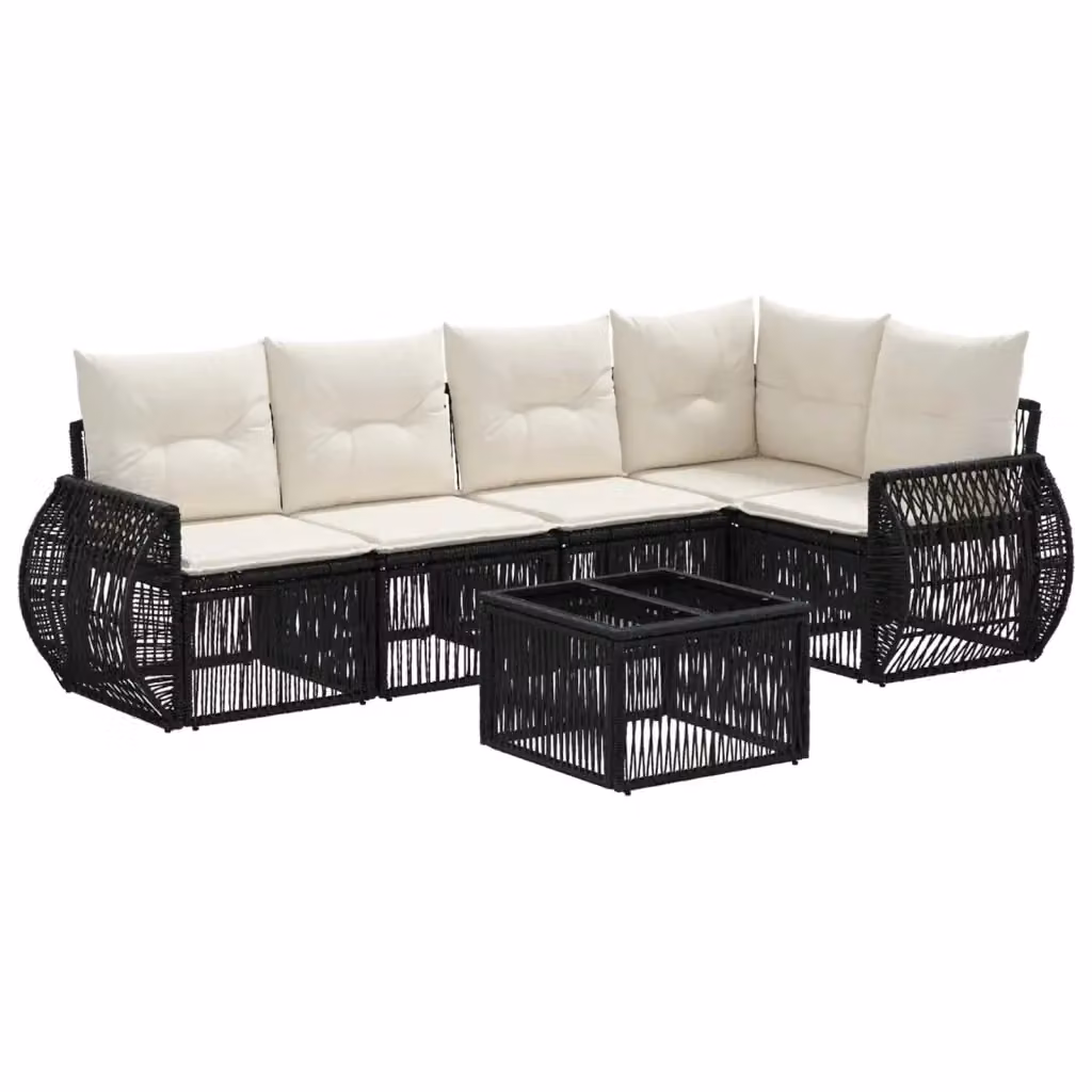 Set da giardino moderno vidaXL a 6 pezzi con divano ad angolo a L, tavolino e cuscini in tessuto nero e bianco crema – 2