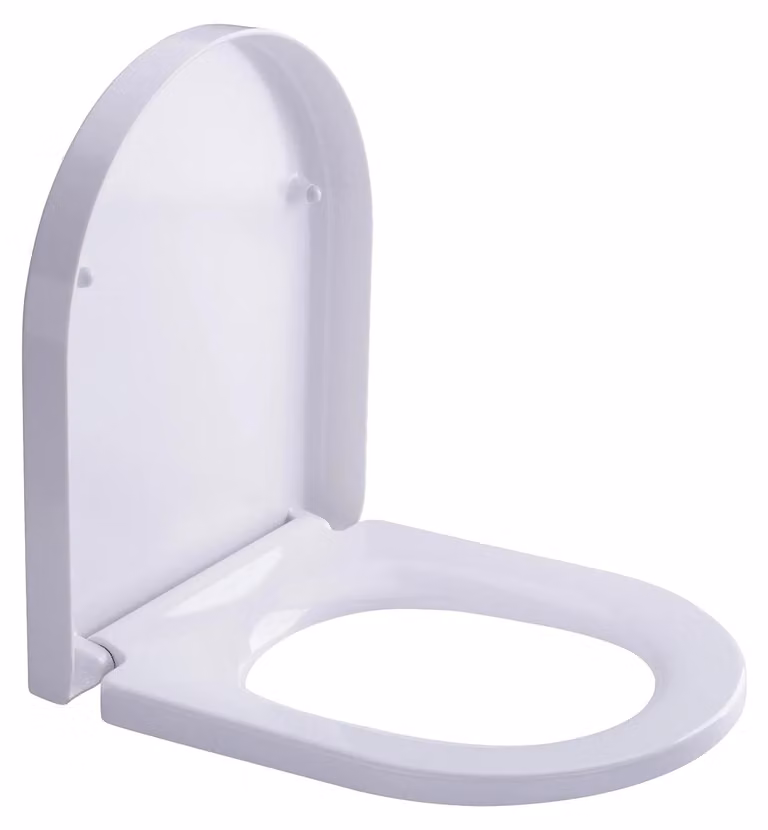 Copertura per WC a forma di D, realizzata in materiale Duroplast, con sistema di chiusura ammortizzata, cerniere regolabili, superficie antibatterica e tamponi antiscivolo