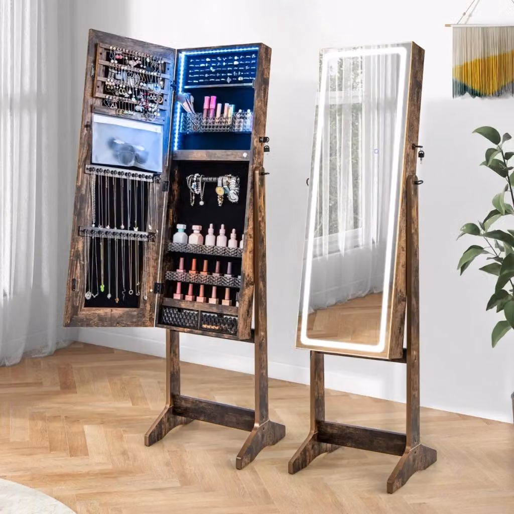 Armadio portagioie Design Mania con specchio a figura intera e luci LED, Marrone rustico, H: 151,0 cm x L: 41,0 cm x P: 38,5 cm – 2