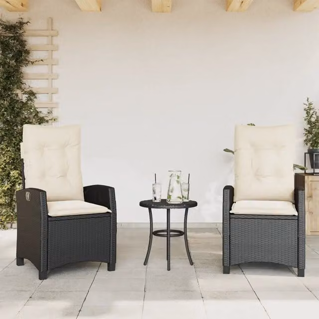 Set di 2 sedie reclinabili da giardino vidaXL in polyrattan nero con cuscini bianchi e poggiatesta regolabile