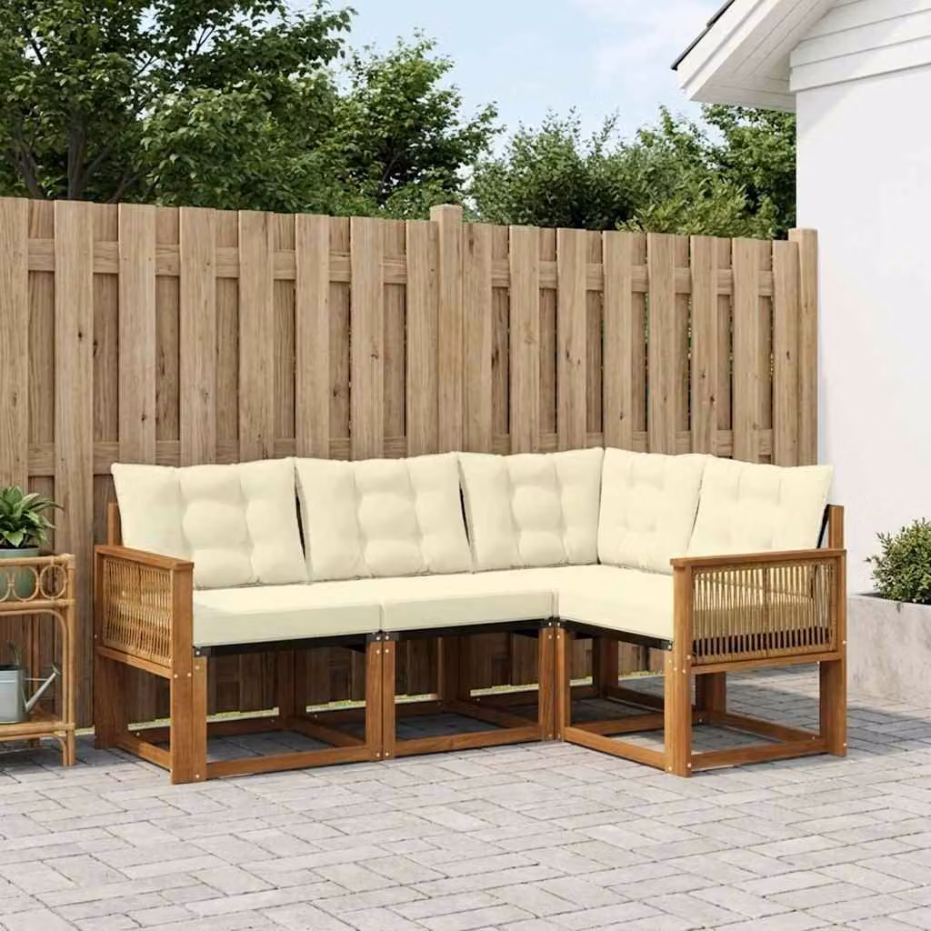 Set di divani da esterno vidaXL 4 pezzi in legno di acacia con cuscini, design moderno a L, colori naturale e crema