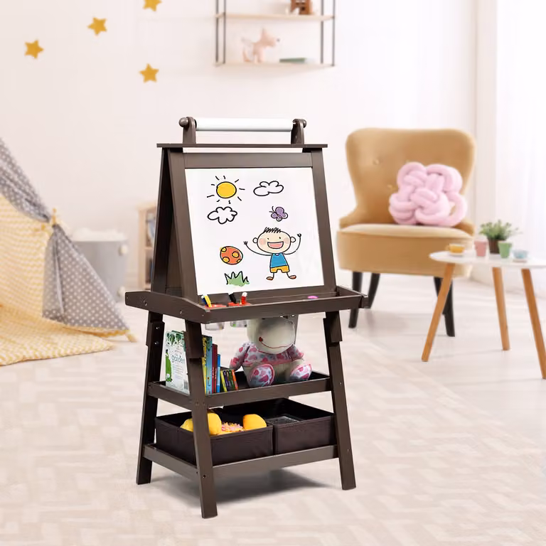 Cavalletto 3 in 1 Costway per bambini con lavagna bianca e nera e rotolo di carta, colore marrone