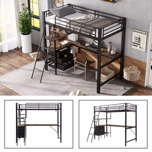 Letto a soppalco 90x200 con scrivania da 2 m; 3 cassetti; struttura in ferro; nero e noce scuro