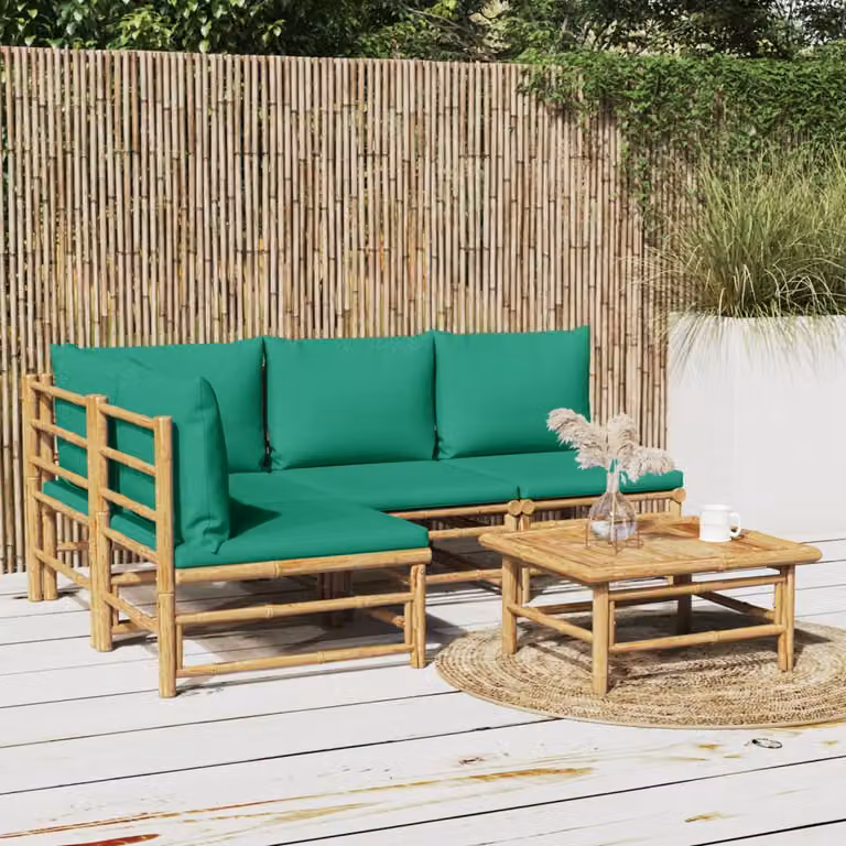 Set Salotto da Giardino vidaXL in Bambù con Cuscini Verdi e Marroni, Composizione a L con Divano a 3 Posti, Elemento Angolare e Tavolino da Caffè