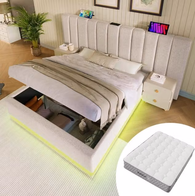 Letto 180x200 cm con contenitore, LED, USB e USB-C in lino beige con materasso