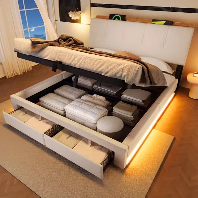 Letto contenitore 140x200 cm imbottito beige in lino con LED; USB-C e vano idraulico