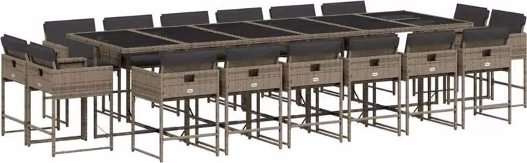 Set da Pranzo da Giardino 17pz con Cuscini Grigio in Polyrattan