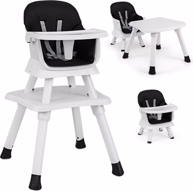 Seggiolone 6 in 1 per bambini con cuscino e vassoio rimovibile in polipropilene, nero e bianco, L/P/H: 58 x 58 x 98 cm