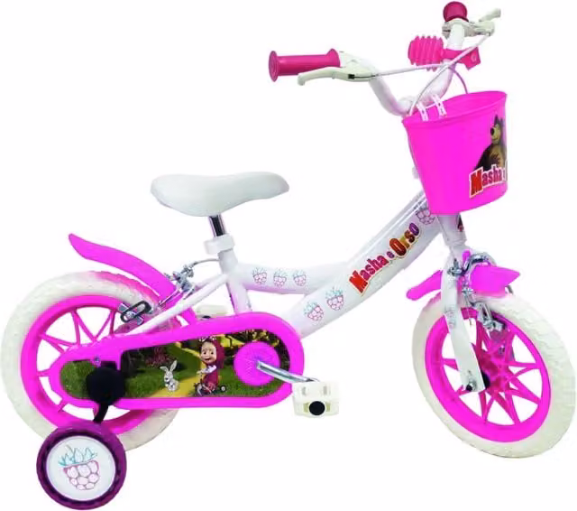 MASHA E ORSO 12, bicicletta per bambini, adatta a bambini tra i 3 e i 5 anni, per altezza tra 85 e 105 cm, cestino e por