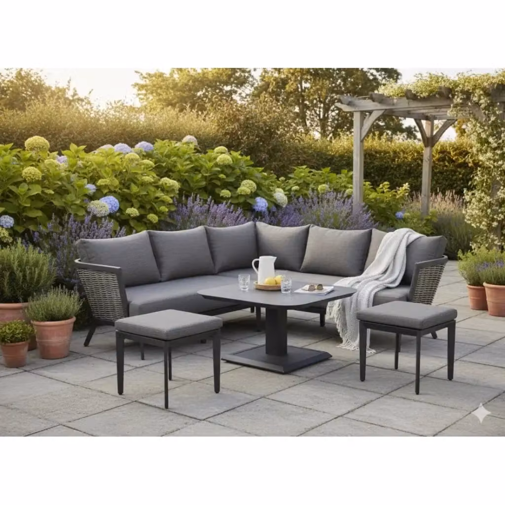 Salotto da giardino Meublorama VENTARO 7 posti in alluminio grigio con divano ad angolo, tavolo regolabile e pouf – 2