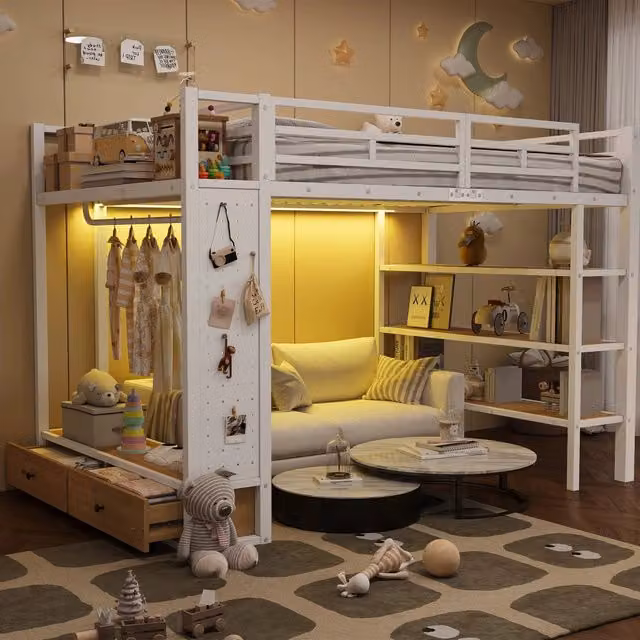 Letto a soppalco 140 × 200 cm con armadio aperto, ripiani, parete forata e LED, senza materasso, en metallo, bianco