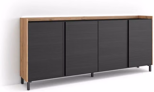 Credenza, Mobile, Cucina, 207x91x35 cm, 4 Porte, Design industriale, LED, Nero e rovere