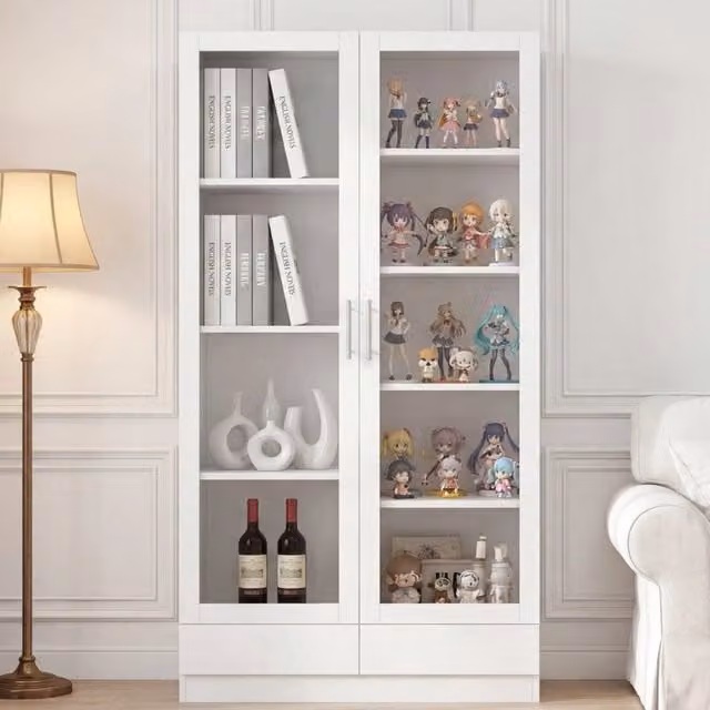 Vetrina, schedario, ante in vetro, 2 cassetti, 80 x 40 x 160 cm, bianco