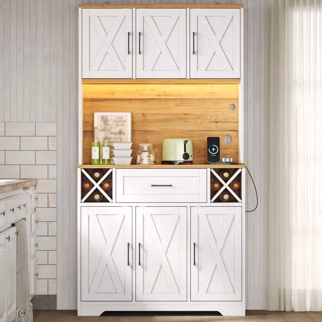 Credenza da cucina alta LED con cassetto, vani e portabottiglie estraibili, per cucina e soggiorno, MDF, 105 × 40 × 180 cm