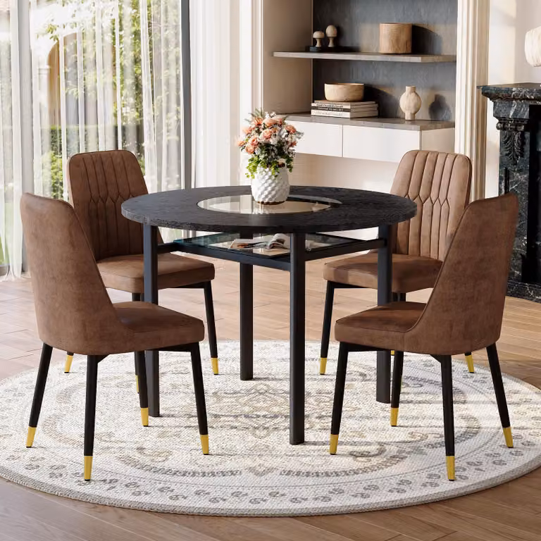 Set tavolo da pranzo STILVORA con 4 sedie in tessuto tecnico, tavolo rotondo con finitura effetto legno nero, set da pranzo con gambe in metallo nero, disponibile nei colori marrone e nero