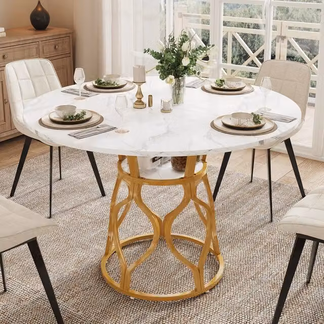 Tavolo da pranzo rotondo Minimal con effetto marmo bianco e oro, struttura in MDF e metallo, L/P/H: 100 x 100 x 75 cm – 1