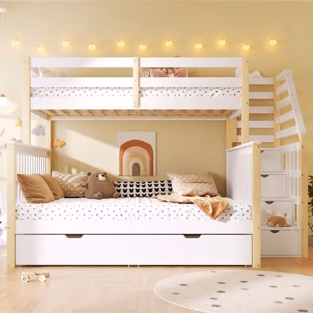 Letto a castello 90 × 200 cm e 140 × 200 cm con cassetti, barriera di sicurezza, senza materasso, pino, bianco naturale