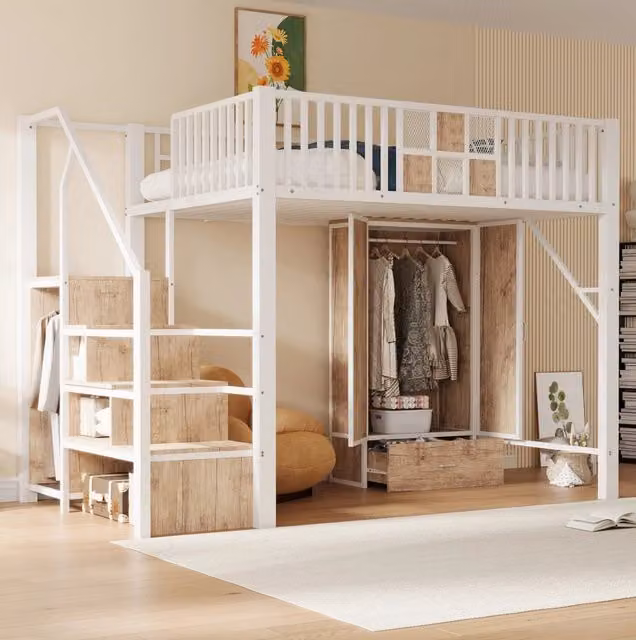Letto a soppalco in metallo 140x200 cm con armadio grande, cassetti e scala con contenitori, bianco