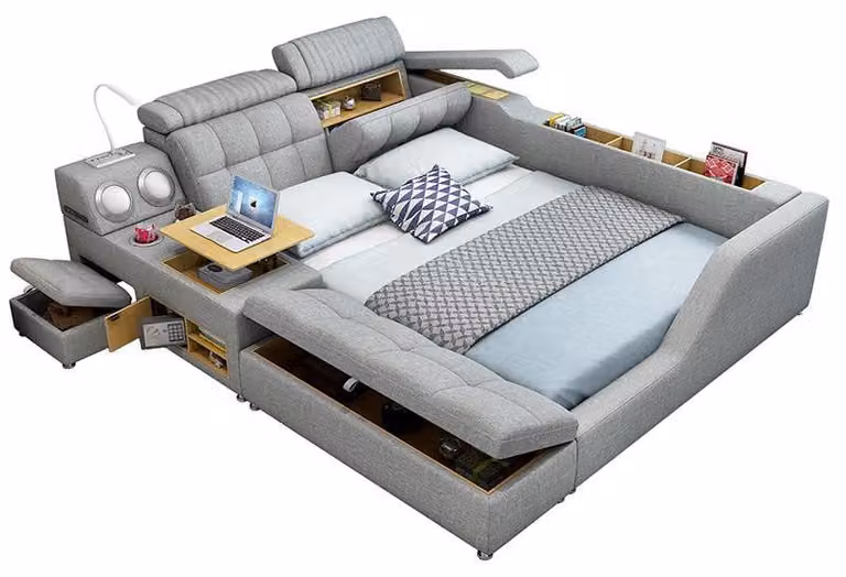 Letto multifunzionale, stile moderno, colore grigio, struttura in legno, comodo