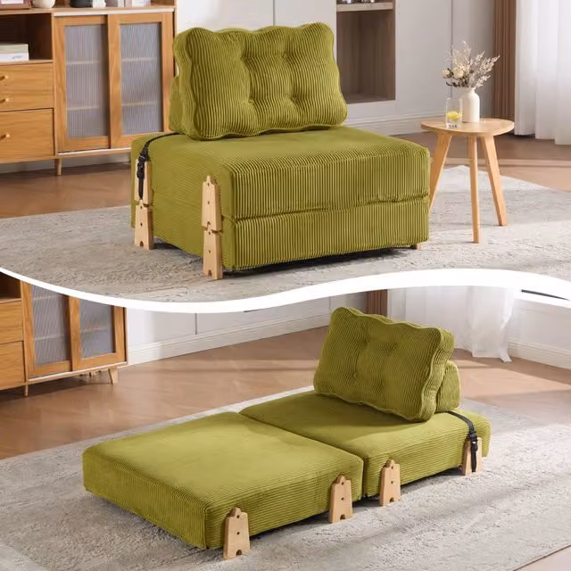 Divano letto singolo in velluto ¨C Minimal ¨C verde, gambe in legno