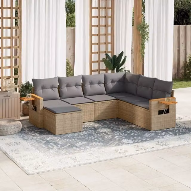 vidaXL Set Divani da Giardino 7 pz a L in Polyrattan con Cuscini Beige e Grigio – 1