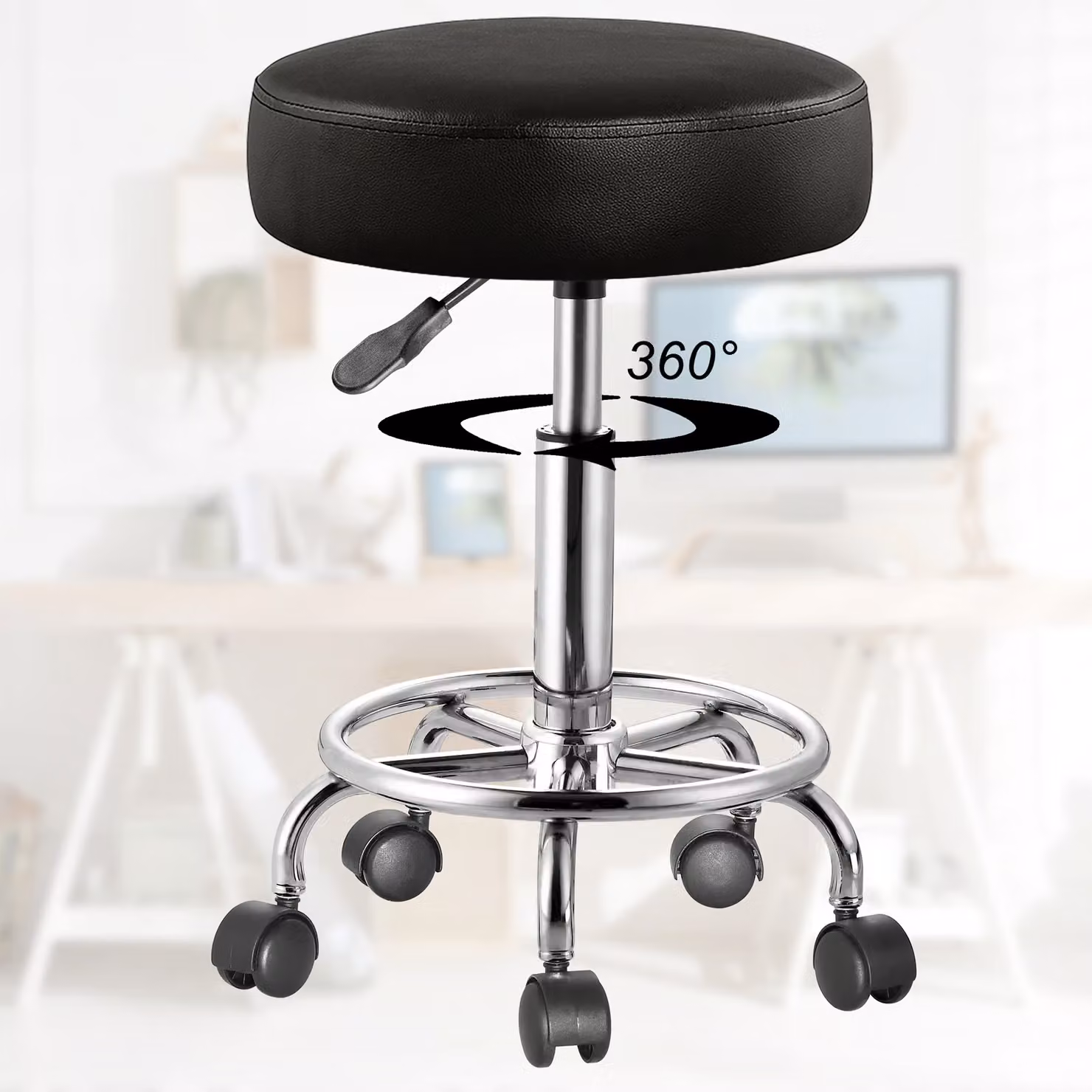 Set di 2 sgabelli girevoli 360 Casaria® in ecopelle nera con altezza regolabile e ruote per home office – 2