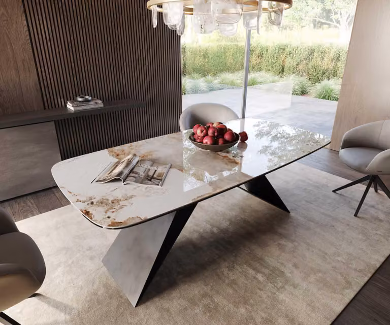 DELIFE Tavolo da pranzo Edge Boot, 200x100 cm, piano in Vetroceramica Minas, finitura melange bianco-beige, struttura a V in acciaio verniciato nero