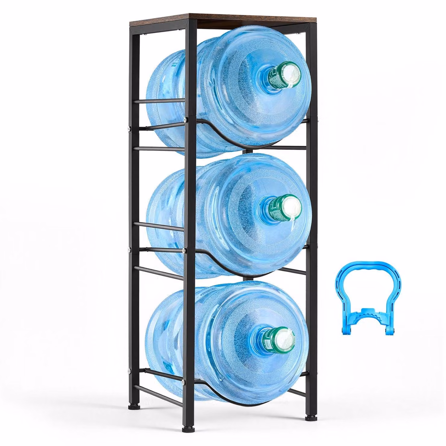 Portabottiglie in metallo - Scaffale a 4 livelli per bottiglie d'acqua - Adatto per 3 grandi taniche d'acqua - Con ripiano inferiore - Autoportante - Ideale per cucina, ufficio, soggiorno - Colore: nero e marrone