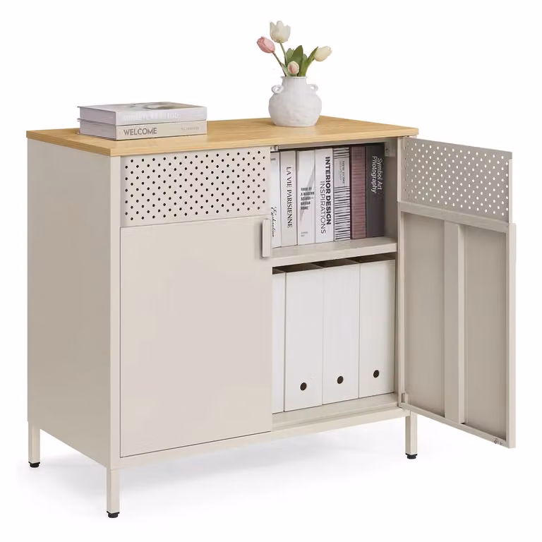 Credenza in Metallo con Ripiano Regolabile | SONGMICS, Beige Sabbia + Beige Naturale / 2 Ante