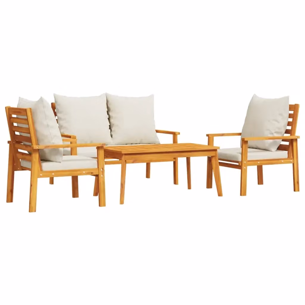 vidaXL Set Salotto da Giardino 4pz in Legno di Acacia con Cuscini Imbottiti Marrone e Bianco – 2