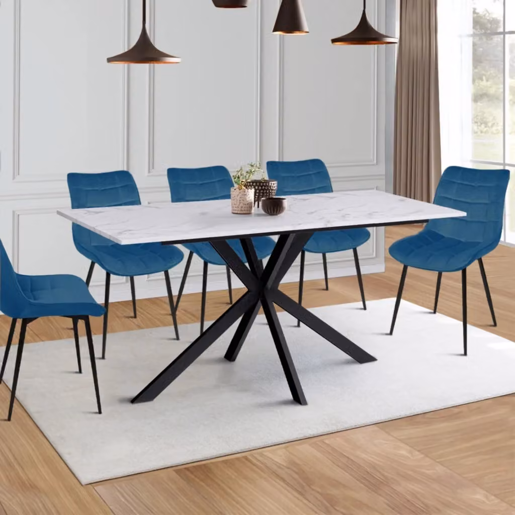 IDMarket Tavolo da pranzo rettangolare ALASKA per 8 persone con effetto marmo bianco e base a ragno in metallo nero – 2