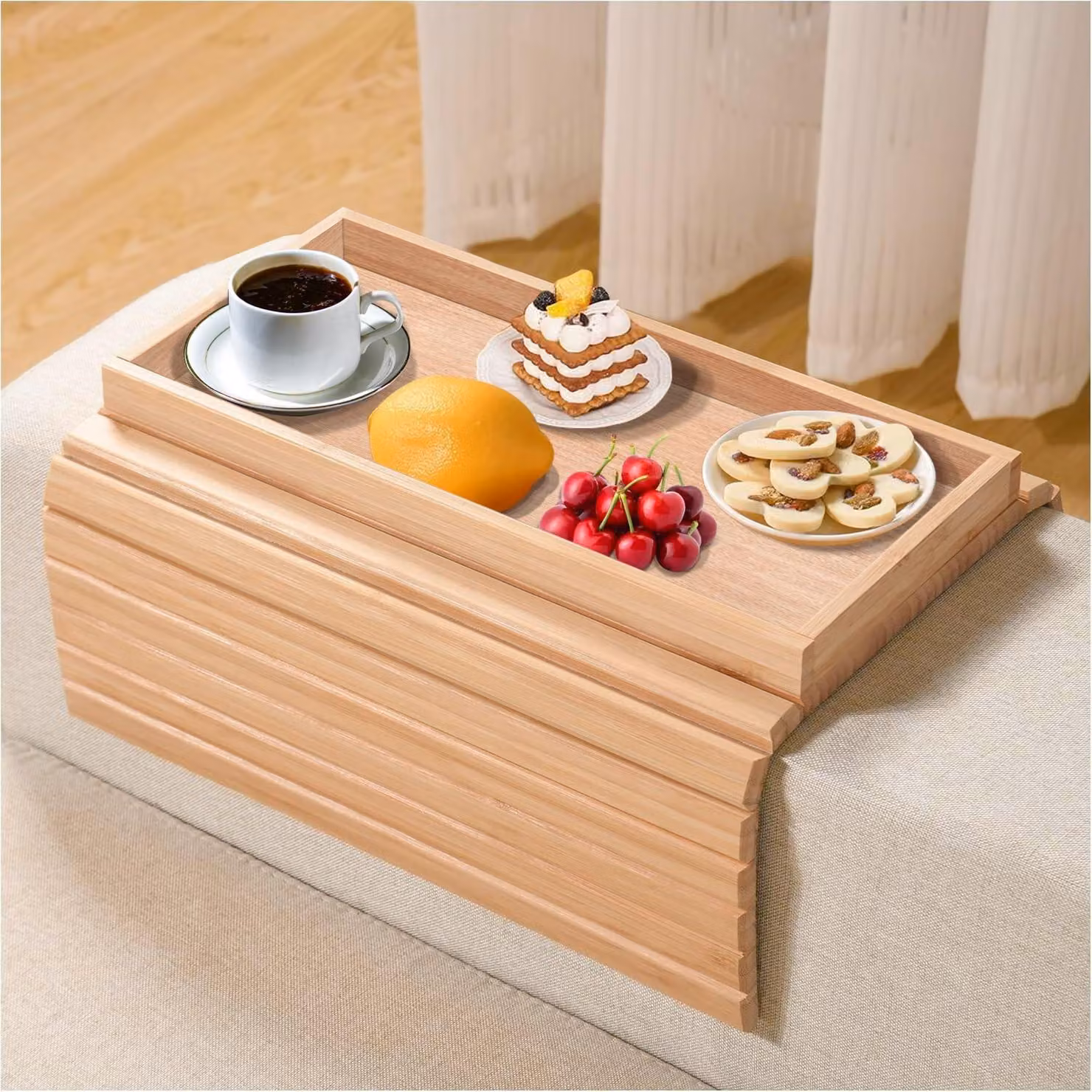 Tavolino pieghevole per bracciolo del divano - in bambù - antiscivolo - contenitore per divano - portabicchieri - cassetto per snack, telefono, bevande - contenitore per divano