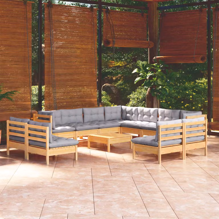 Set di divani da giardino vidaXL a forma di L in legno massello di pino con cuscini grigi e pouf