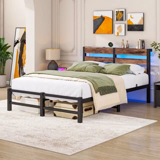 Letto singolo 120 × 200 cm con LED RGB, 2 porte USB e ripiano, senza materasso, in metallo e legno, nero marrone