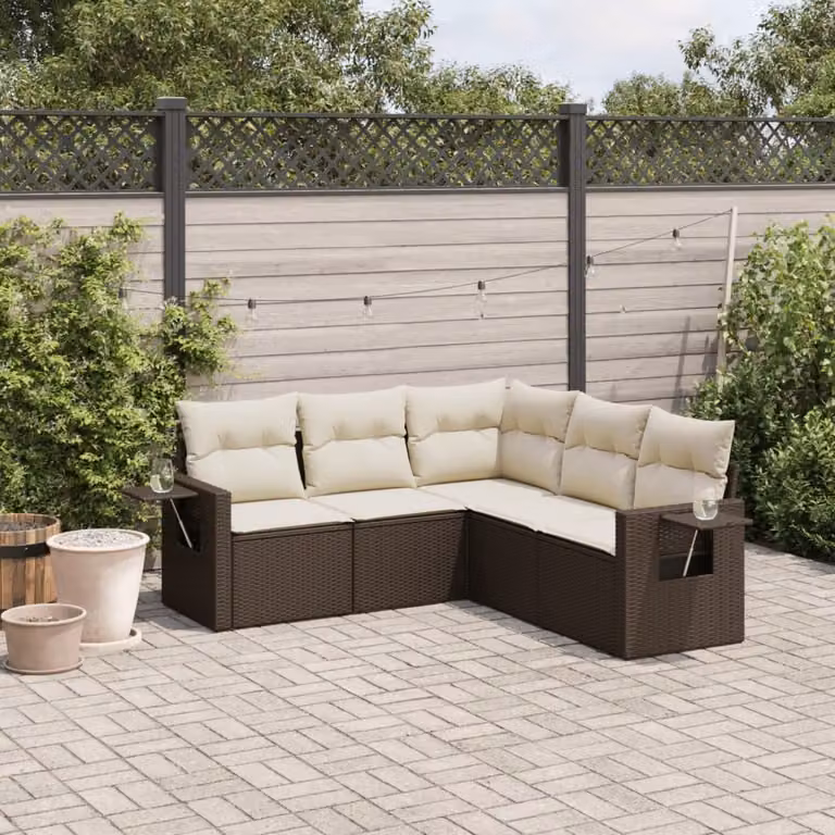 vidaXL Set Divano da Giardino a L 5 pz in Polyrattan Marrone con Cuscini e Tavolino