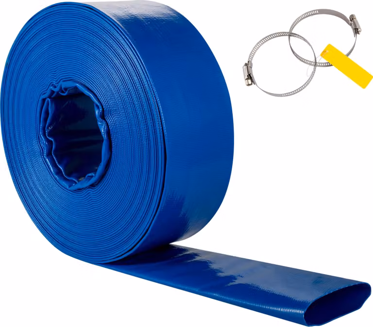 Tubo di scarico SucceBuy, 2" x 105', tubo in tessuto PVC piatto, robusto tubo di scarico per il controlavaggio con fascette, resistente alle intemperie e poco ingombrante, ideale per piscine e trasferimenti d'acqua, blu