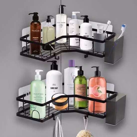 Ibenzoa® Portaoggetti angolare autoadesivo per doccia, set da 4 pezzi in acciaio inossidabile – senza foratura, 2 ripiani a forma di L, 2 portaspazzolini rimovibili, 4 ganci, capacità di carico 13,6 kg