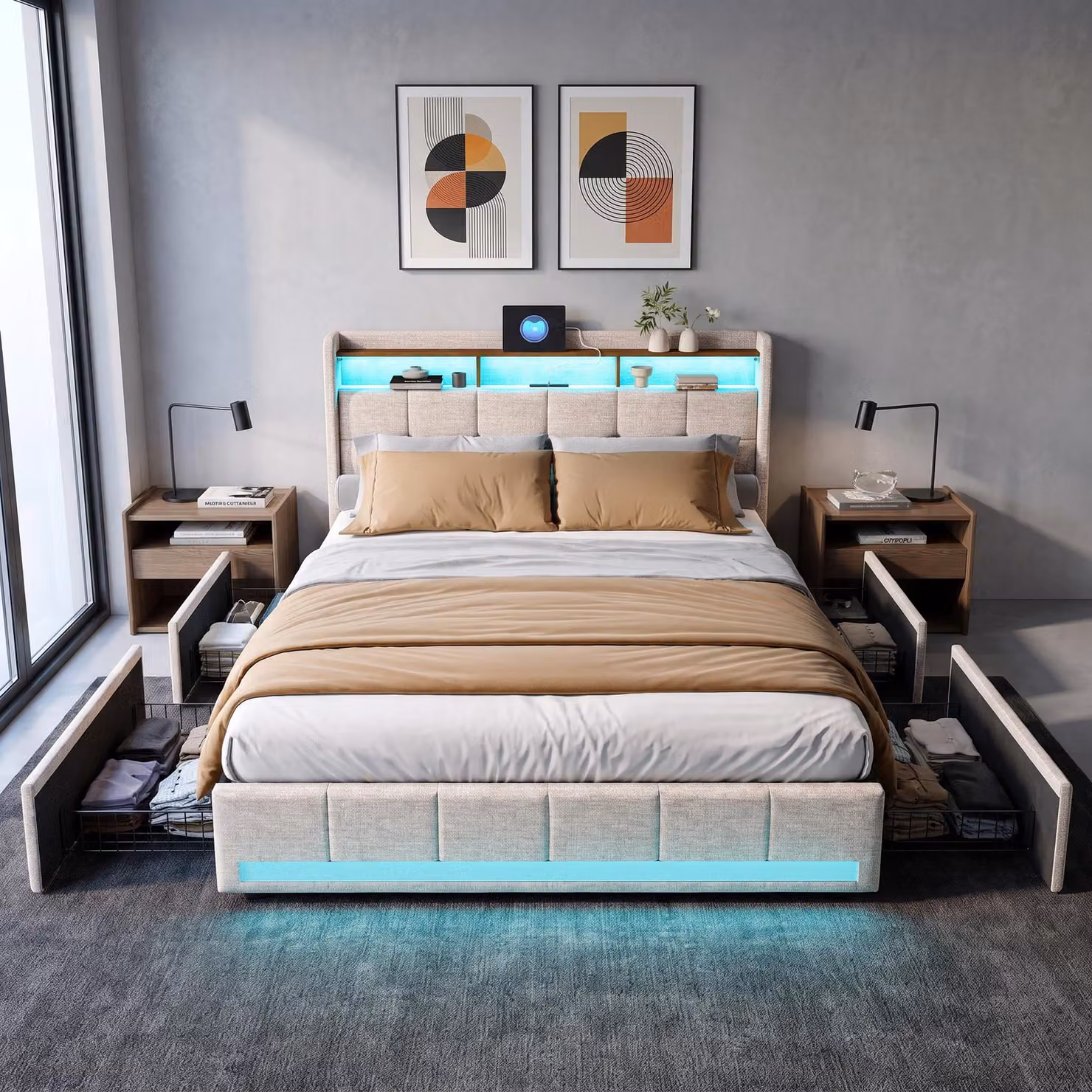 Letto imbottito INONEFT, 140x190 cm, con spazio contenitore, letto per ragazzi con 4 cassetti, prese USB e di tipo C, letto matrimoniale con rete a doghe e illuminazione LED, colore: lino, beige