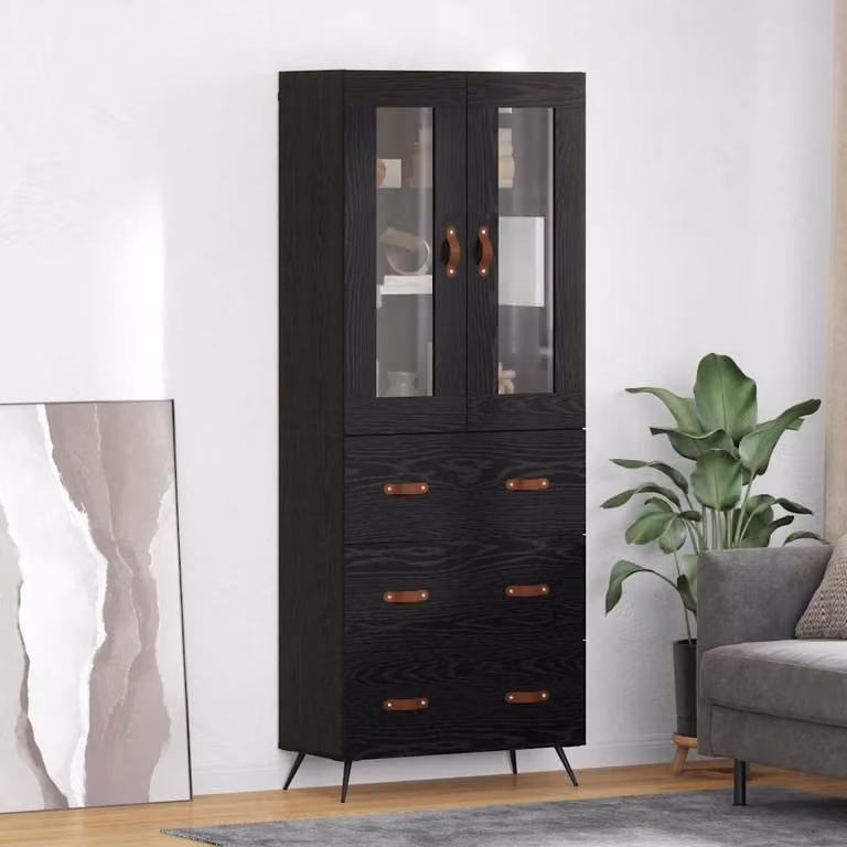 Set di 2 armadietti alti vidaXL in stile rustico con ante in vetro e ripiani interni, colore nero, L: 69,5 cm, P: 34 cm, H: 180 cm
