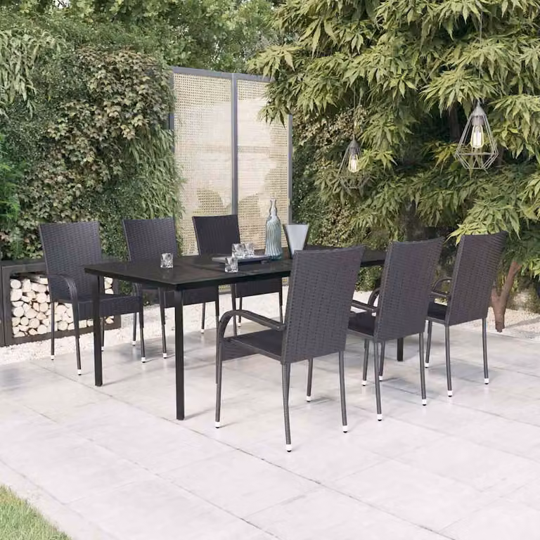 Set da pranzo da giardino vidaXL in polyrattan con tavolo in vetro e 7 pezzi con cuscini neri